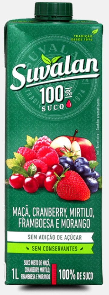 100% Suco-Maçã, Cranberry, Mirtilo , Framboesa e Morango.